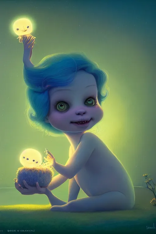 Image similar to a surreal Bioluminescent, very very very cute daisy in a happy world by Daniel Merriam, Trending on Artstation, oil on Canvas by Elena Zhurikhina and Goro Fujita and Charlie Bowater, octane render, 4k, 8k, HD