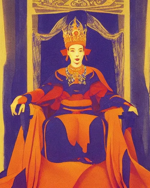 Image similar to an illustration of a queen on a throne at night in the style of johann heinrich fussli and nicholas roerich and georgia o keeffe, realistic, highly detailed, master oil painting, concept art