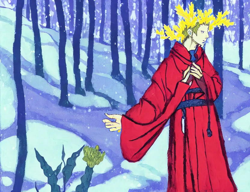 Image similar to flower priest of winter woods. gouache, limited palette with complementary colors, by award - winning mangaka, backlighting, bold composition, depth of field.