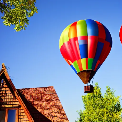 Prompt: house floating in the sky with hot air balloon