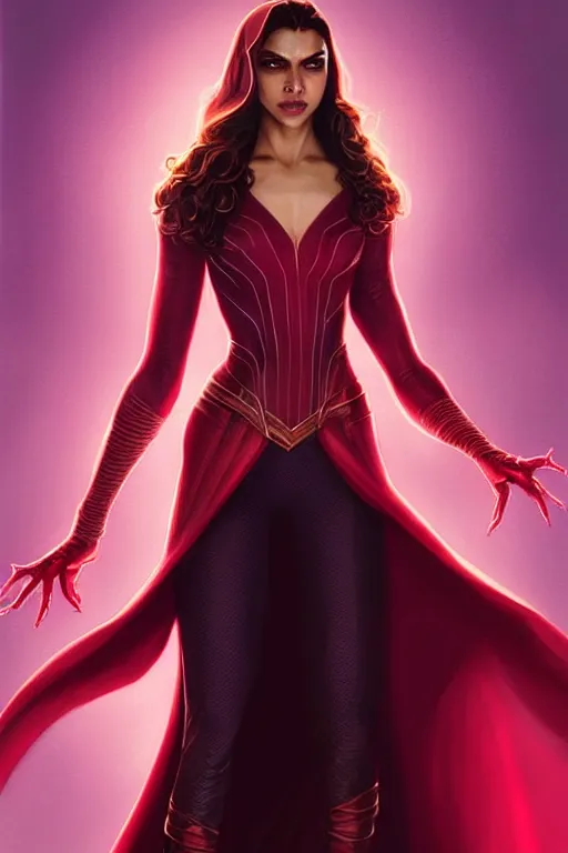 Prompt: Deepika Padukone as Scarlet Witch, Scarlet Witch costume, Deepika Padukone Face, villany, portrait, masculine figure, highly detailed, digital painting, artstation, concept art, smooth, sharp focus, illustration, cinematic lighting, art by artgerm and greg rutkowski and alphonse mucha