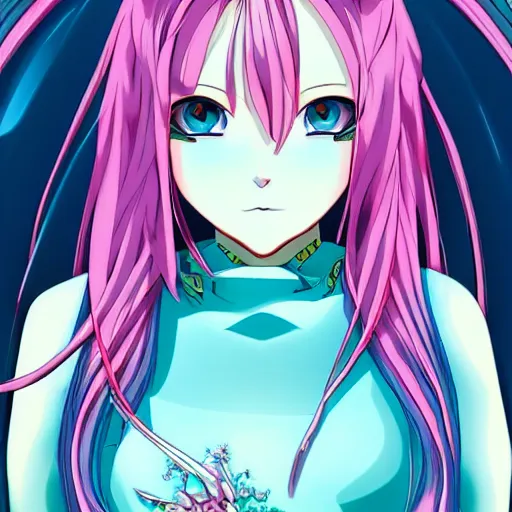 Image similar to stunningly beautiful omnipotent anime goddess with smooth porcelain skin, pink hair and mesmerizing cyan eyes, symmetrical, 8 k