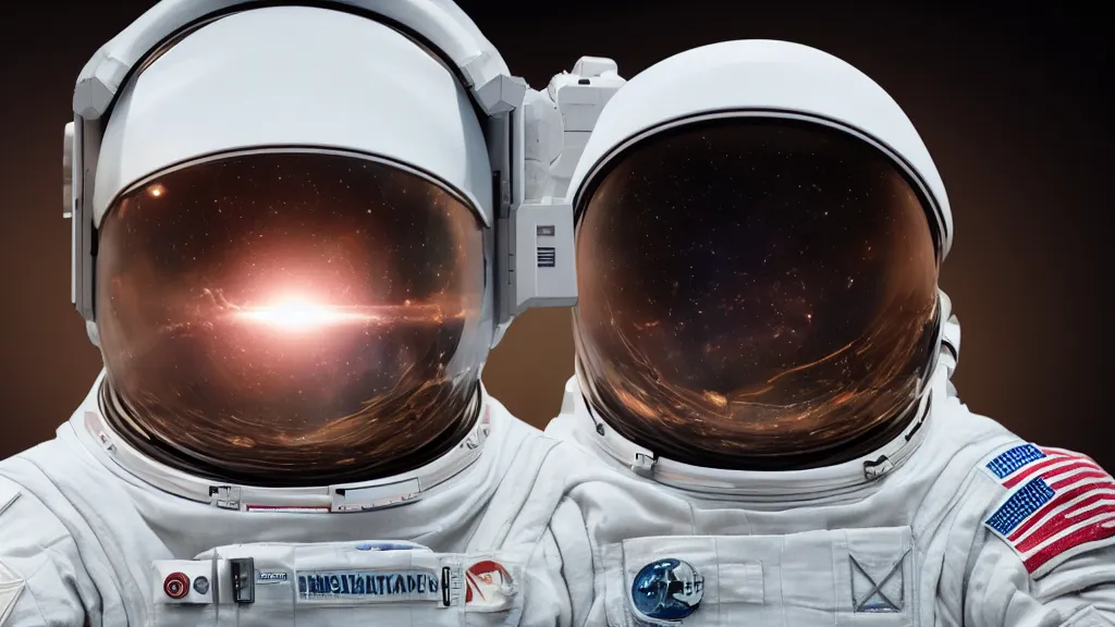Image similar to an astronaut from interstellar movie, third - person view, white balance, hyperdimensional, 8 k, rim lighting, led, lumen global illumination, opaque, glowing, rubber, ray tracing reflections