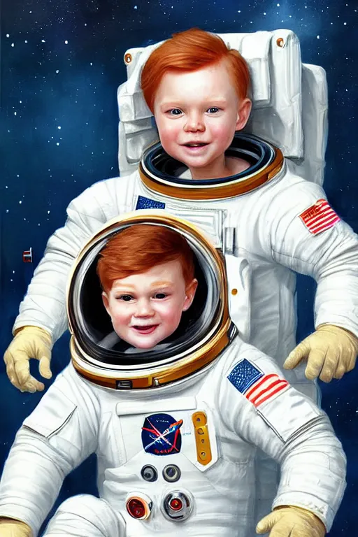 Image similar to a little boy with a michievous face and ginger hair. he is an astronaut, wearing a space suit. clean elegant painting, beautiful detailed face. by raymond swanland and artgerm and greg rutkowski