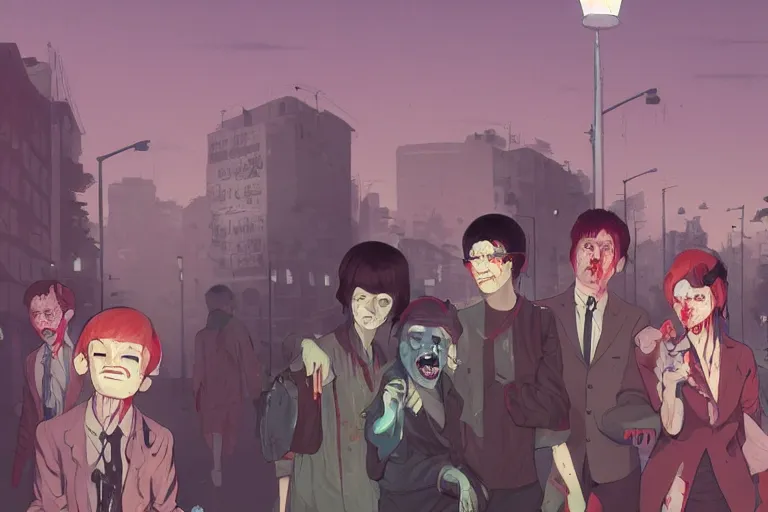 Image similar to a group of zombies hanging out in the streets of Buenos aires at night, muted colors, matte print, pastel colors, ornate, digital art, cute smile, digital painting, fan art, elegant, pixiv, by Ilya Kuvshinov, by Studio Ghibli