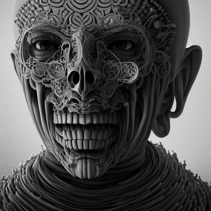 Prompt: portrait of Buddhist Monk as skeleton. intricate abstract. intricate artwork. by Tooth Wu, wlop, beeple, dan mumford. octane render, trending on artstation, greg rutkowski, very coherent symmetrical artwork. cinematic, hyper realism, high detail, octane render, 8k, iridescent accents, deep blacks