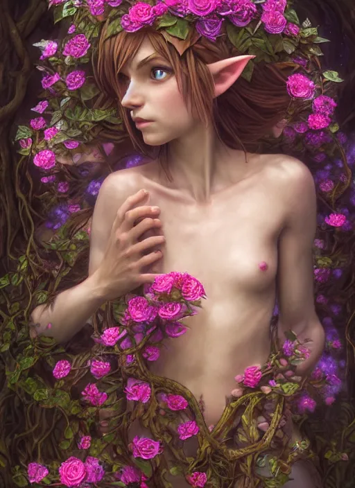 Prompt: beautiful full body portrait of a great fairy, character style of legend of zelda, her body wrapped with ivy vines and flowers, dark fantasy, d & d, fantasy, cinematic lighting, intricate, elegant, highly detailed, digital painting, artstation, concept art, matte, sharp focus, illustration, art by artgerm and tom bagshaw and greg rutkowski and alphonse mucha