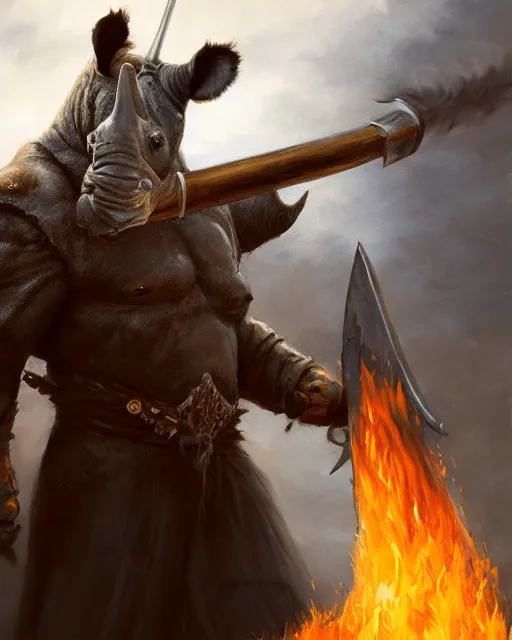 Prompt: oil painting of Anthropomorphized Rhino, wearing fur cloak, sharp focus, holding gigantic burning Axe, warrior clothes, heroic pose, dramatic artwork, fantasy style, octane render, volumetric lighting, 8k high definition, by greg rutkowski, highly detailed, trending on art Station, magic the gathering artwork, burning fire Battlefield background, centered