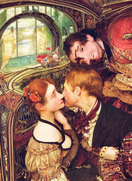 Image similar to detailed colourful masterpiece of photography double couple portrait sat down extreme closeup, inside an underwater train, detailed realistic expressions, wearing unusual clothes, by ford madox brown and william powell frith and moebius and frederic leighton and john william waterhouse