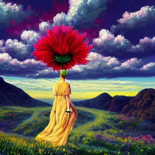 Image similar to giant flower head, frontal, woman standing on mountain, surreal photography, stormy sky, colorful clouds, impressionist painting, digital painting, artstation, rob gonsalves