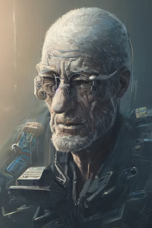 Image similar to ultrarealistic illustration old man cyborg, cyberpunk, sci - fi fantasy, intricate, elegant, highly detailed, digital painting, artstation, concept art