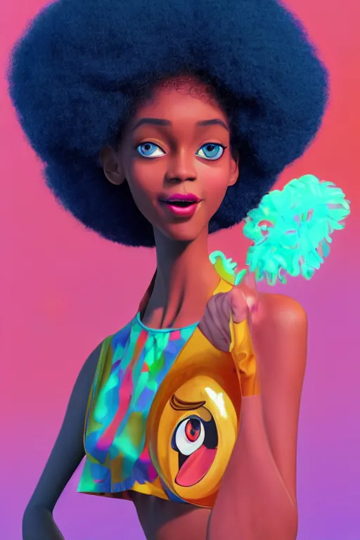 Prompt: a centered caricature render of a cute cool afro disco girl from the seventies, by dreamworks, by pixar, by viktoria gavrilenko, by leticia gillett, by lois van baarle, perfect face, 3 d, 8 k