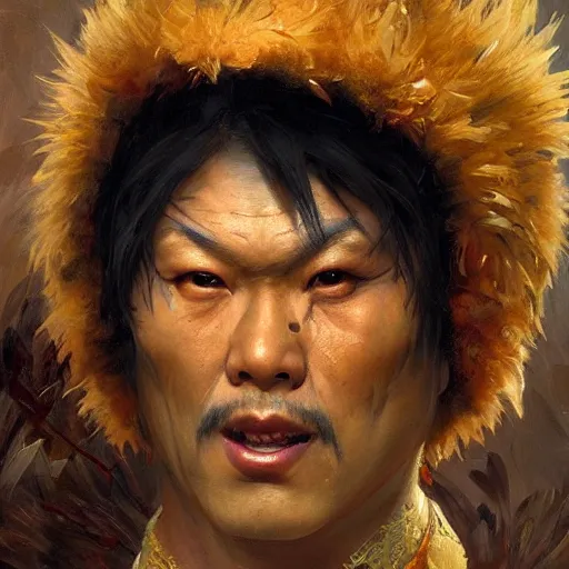 Image similar to closeup portrait of an asian scary man dressed as a chicken, highly detailed painting by gaston bussiere, craig mullins, j. c. leyendecker 8 k