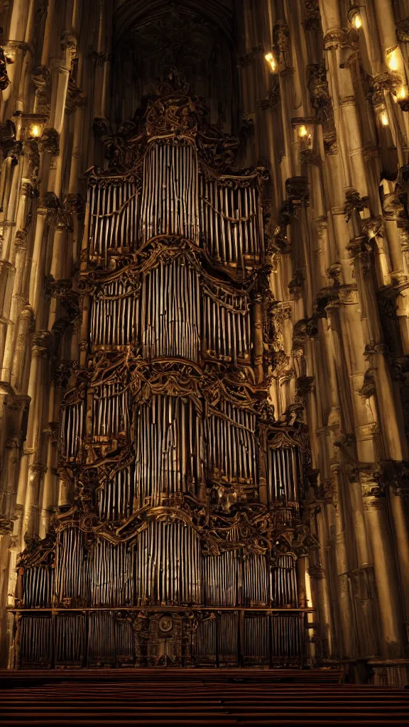 Image similar to a complex ancient pipe organ cathedral interior, 4 k, stone pews, torches, lighting, unreal engine 5 render, natural color scheme, architectural photography, f 3 2, still from movie by guillermo del toro