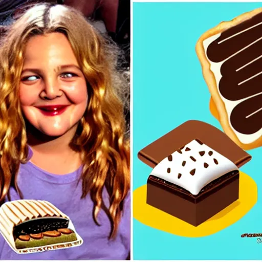 Image similar to drew barrymore inside smore!, bionic scifi, chocolate and graham cracker background