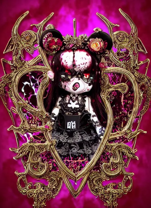 Image similar to baroque bedazzled gothic royalty frames surrounding a pixelsort emo demonic horrorcore japanese yokai doll, low quality sharpened graphics, remastered chromatic aberration spiked korean bloodmoon sigil stars draincore, gothic demon hellfire hexed witchcore aesthetic, dark vhs gothic hearts, neon glyphs spiked with red maroon glitter breakcore art by guro manga artist Shintaro Kago