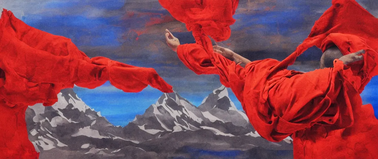 Prompt: a close - up abstract portrait of a tibetan monk in lotus position flying over himalaya mountains lake in weightlessness in liquid traditional red cloth, small foggy and blue gloomy, highly detailed, photorealistic, abstract science fiction paint by salvador dali, jeremy geddes