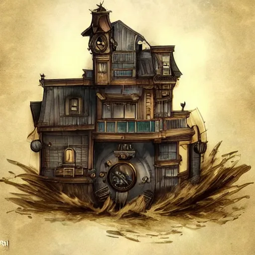Image similar to A Steampunk house floating next to wispy clouds in the sky. Trending on art station.