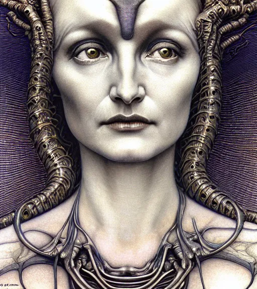 Image similar to detailed realistic beautiful young alien robot jessica lange as queen of mars face portrait by jean delville, gustave dore and marco mazzoni, art nouveau, symbolist, visionary, gothic, pre - raphaelite. horizontal symmetry by zdzisław beksinski, iris van herpen, raymond swanland and alphonse mucha. highly detailed, hyper - real, beautiful