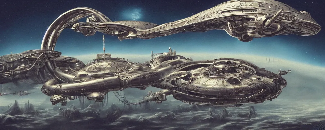 Prompt: By Jim bush and ed repka, air brush illustration, matte painting of a vintage alien ship landing on an alien planet, human astronauts making first contact, ornate pattern on the ship, retro futuristic, science fantasy, symmetry accurate features, very intricate details, artstation