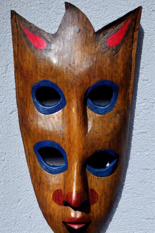 Image similar to a flat carved wooden elf mask face, staring real goat eyes, outer glow, dark blue background with stars shapes vividly coloured, highly detailed, vintage european folk art, colour photograph