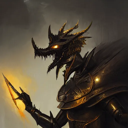 Image similar to anthropomorphic dragon warrior stands tall wearing black and gold plate armor, oil painting, Tooth Wu, Greg Rutkowski, RPG, dynamic lighting, fantasy art, High contrast, depth of field, landscape, scenery