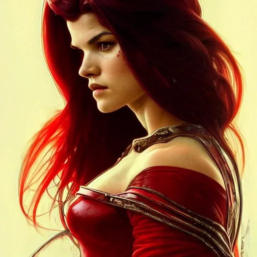 Image similar to beautiful Marie Avgeropoulos as The Red Queen, Blodreina, sci-fi, closeup, D&D, fantasy, intricate, elegant, highly detailed, digital painting, artstation, concept art, matte, sharp focus, illustration, art by Artgerm and Greg Rutkowski and Alphonse Mucha