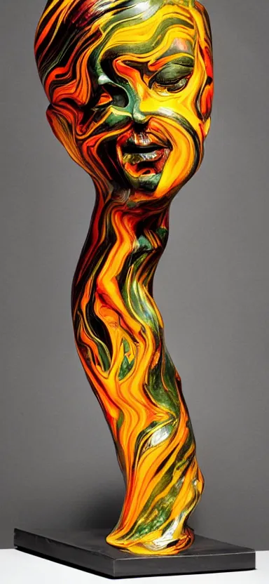 Prompt: epic, abstract sculpture of beautiful female face and black swirling marbling liquifying acrylic sculpture, clouds, golden hour, beautiful light, 3 d sculpture of carving marble, dark colors, dark mood, one point lightning