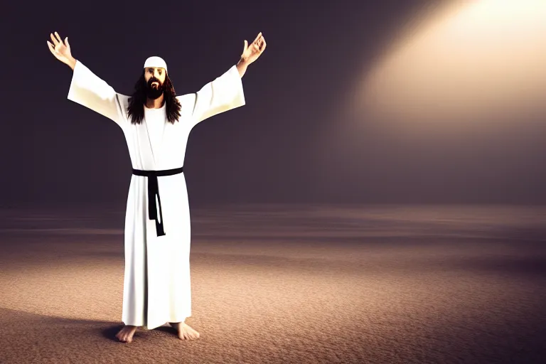 Image similar to jesus christ wearing a white robe strikes a dance pose in the apocalypse, intricate, hyper detailed, accent lighting, dramatic light, 4 k octane render