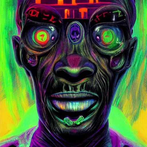 Image similar to a death tarot featuring a haitian voodoo priest with menacing eyes, blacklight neon colors, by anton semenov and android jones in cyberpunk voodoo style, oil on canvas, 8k