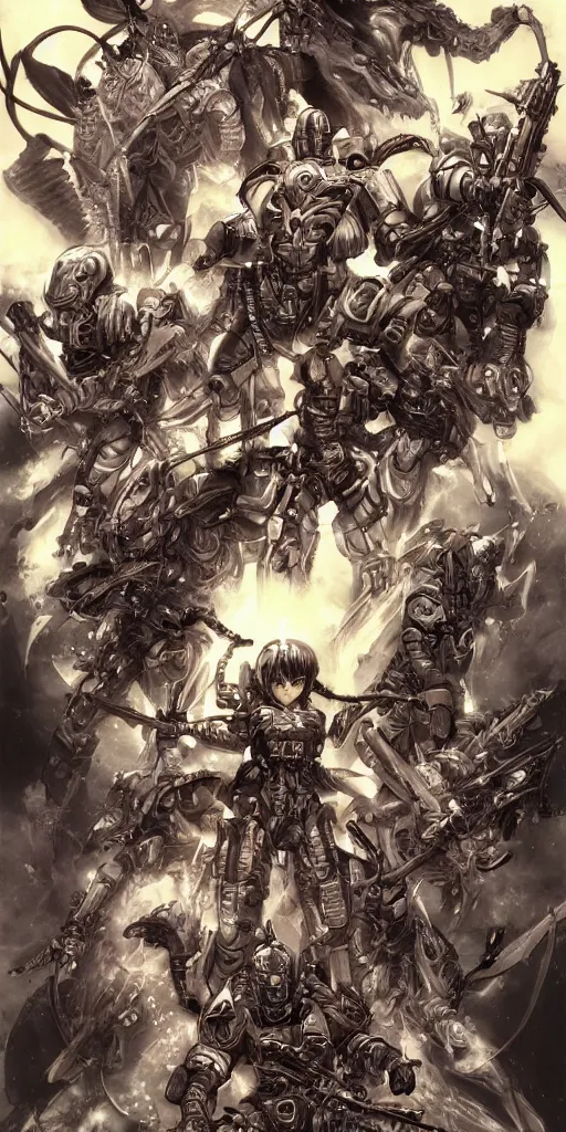 Image similar to Four horsemen of the apocalypse by masamune shirow, vivid, very detailed, matte, cinematic, CGSociety