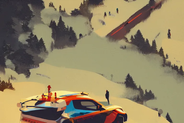 Image similar to rally car ascending a mountain, editorial illustration, isometric, modern art deco, ( ( mads berg ) ), christopher balaskas, victo ngai, detailed, dynamic composition, wide angle, matte print, unreal engine, film grain