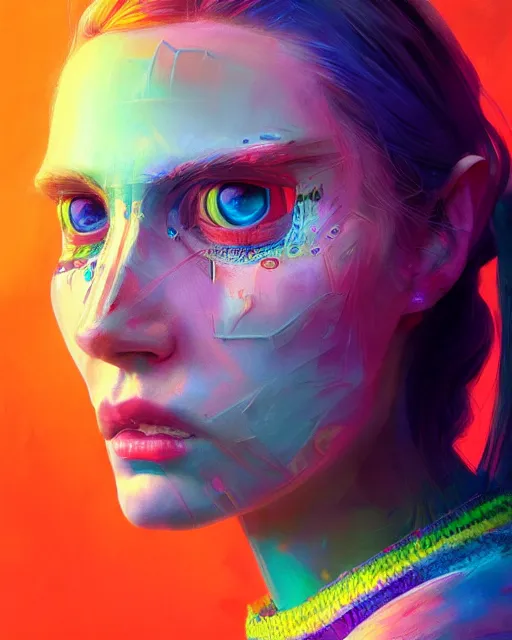 Prompt: colorful character portrait of a female hippie, set in the future 2 1 5 0 | highly detailed face | very intricate | symmetrical | cinematic lighting | award - winning | painted by mandy jurgens | pan futurism, dystopian, bold colors, cyberpunk, groovy vibe, anime aesthestic | featured on artstation