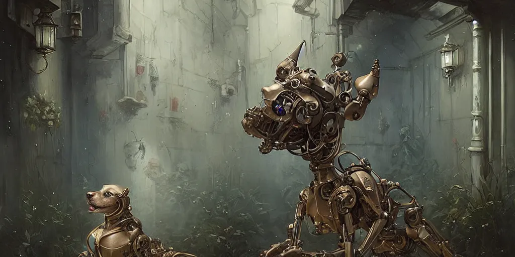 Image similar to a robot dog in cloistered alleyway dreaming of a circus, in the style of peter mohrbacher by weta digital and beth cavener, high face symmetry, intricate, masterpiece, award winning, high face symmetry, intricate