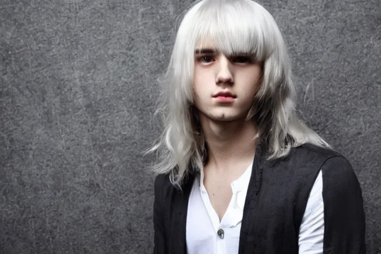Image similar to young cute pretty boy with white long hair