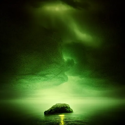 Prompt: in the style of Mikko Lagerstedt, Chtulhu green eyes, Lovecraftian, ocean, night, storm, lighting