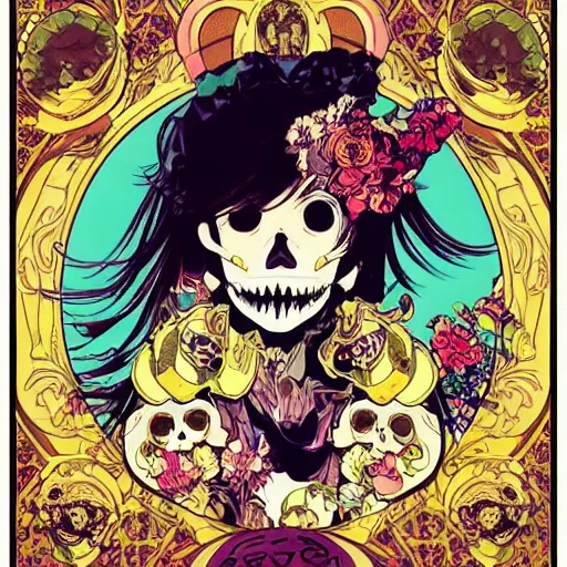 Prompt: anime manga skull portrait girl female skeleton wearing mask helmet 80s vaporwave detailed patterns art Geof Darrow and Ashley wood and Ilya repin and alphonse mucha pop art nouveau