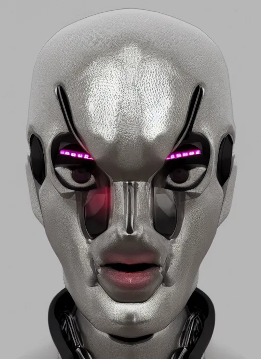 Image similar to angled facial full-head portrait of a cyberpunk bone ceramic caliente humanoid robot Spanish with an attractive face and handsome features, large glowing eyes, macho, piroca, dotado, guapo, reflective surface, trending on cgsociety, trending on artstation