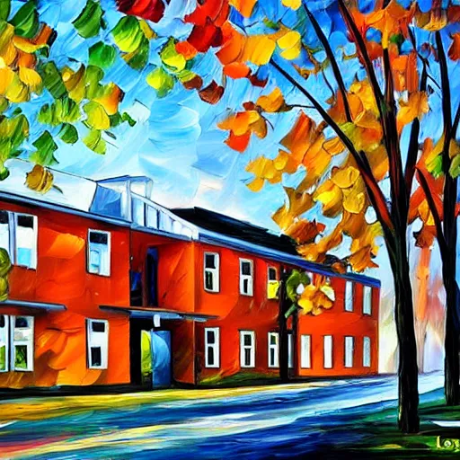 Image similar to young building, camosun college, painted by leonid afremov