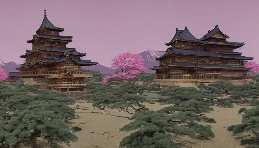 Image similar to A highly detailed matte painting of the huge japanese castle, wooden and dark, with matsu pine trees, with sakura cherry trees, by Studio Ghibli, Makoto Shinkai, by Artgerm, by beeple, by Greg Rutkowski, volumetric lighting, octane render, 4K resolution, trending on artstation, masterpiece