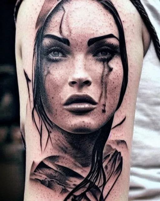 Prompt: megan fox face artistic double exposure effect beautiful mountain scenery, medium sized tattoo sketch, amazing detail, trending on pinterest, in the style of brandon kidwell