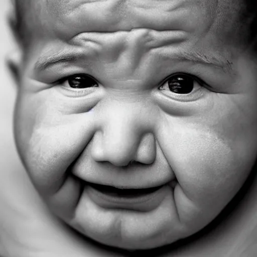 Image similar to chubby baby with wrinkles and grey hair. Photo by Annie Leibovitz