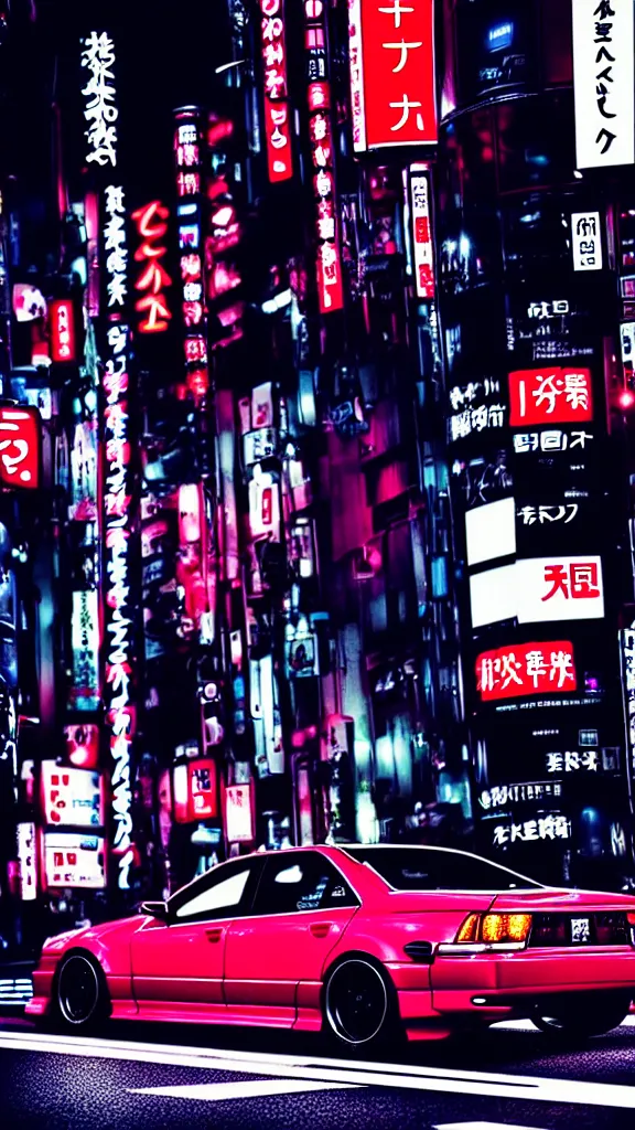 Image similar to a car yakuza spec JZS160 in middle of road, shibuya prefecture, city midnight neon lights, cinematic color, photorealistic, highly detailed