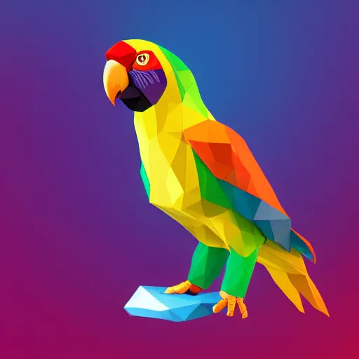 Image similar to isometric vector low poly rainbow parrot icon, low poly fragments surrounding it, black background, cgsociety, volumetric lighting, artstationhq