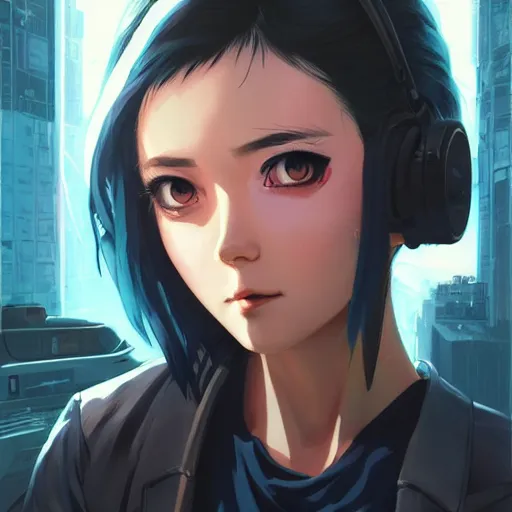 Image similar to A comic potrait of a cyberpunk cyborg girl with big and cute eyes, fine-face, realistic shaded perfect face, fine details. Night setting. Very anime style. Realistic shaded lighting poster by Ilya Kuvshinov katsuhiro, magali villeneuve, artgerm, Jeremy Lipkin and Michael Garmash, Rob Rey and Kentarõ Miura style, trending on art station