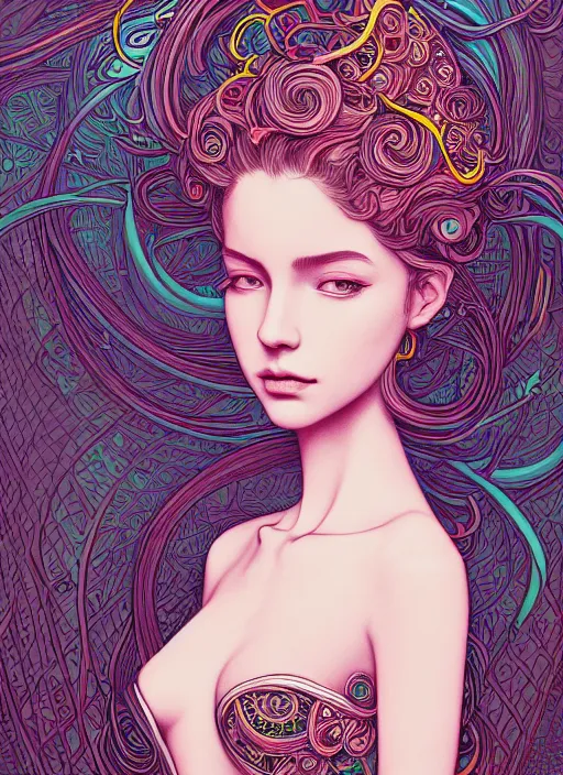 Image similar to the portrait of an unbelievably beautiful, elegant, sensual, and sophisticated young woman, an ultrafine detailed illustration by james jean, intricate linework, bright colors, final fantasy, behance contest winner, vanitas, angular, altermodern, unreal engine 5 highly rendered, ethereal, ominous, detailed and intricate environment