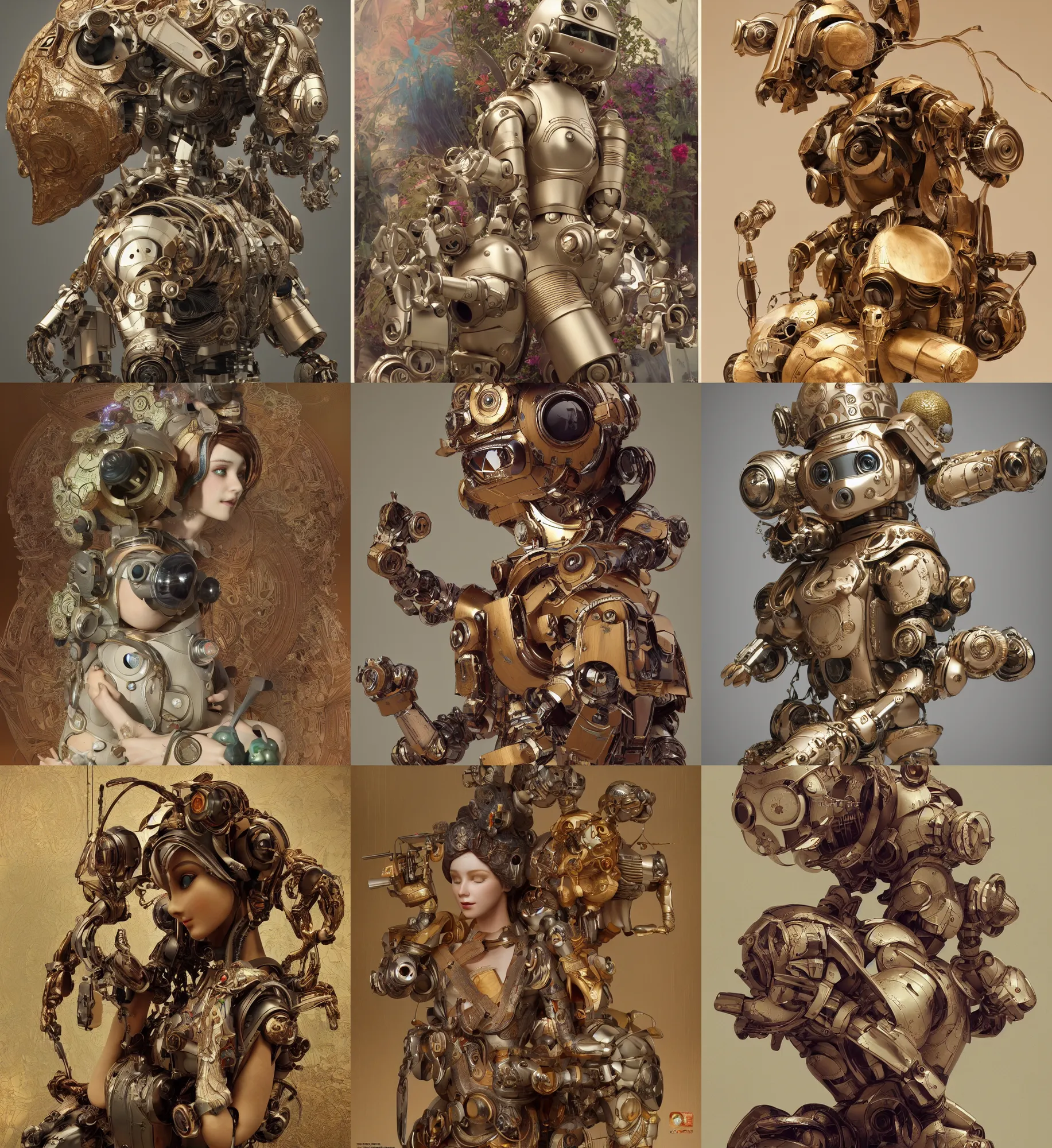 Prompt: 3 d octane render ultra 8 k photorealistic hyper detailed, trending on cgsociety, in a contemporary art gallery, lossless quality, wooden sculpture on feet art toys, a very cute mystical robot of the bohemian with cats ears, by alphonse mucha