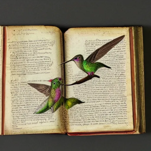 Prompt: an ancient book containing a humming bird drawing , worn out pages, baroque, sketch