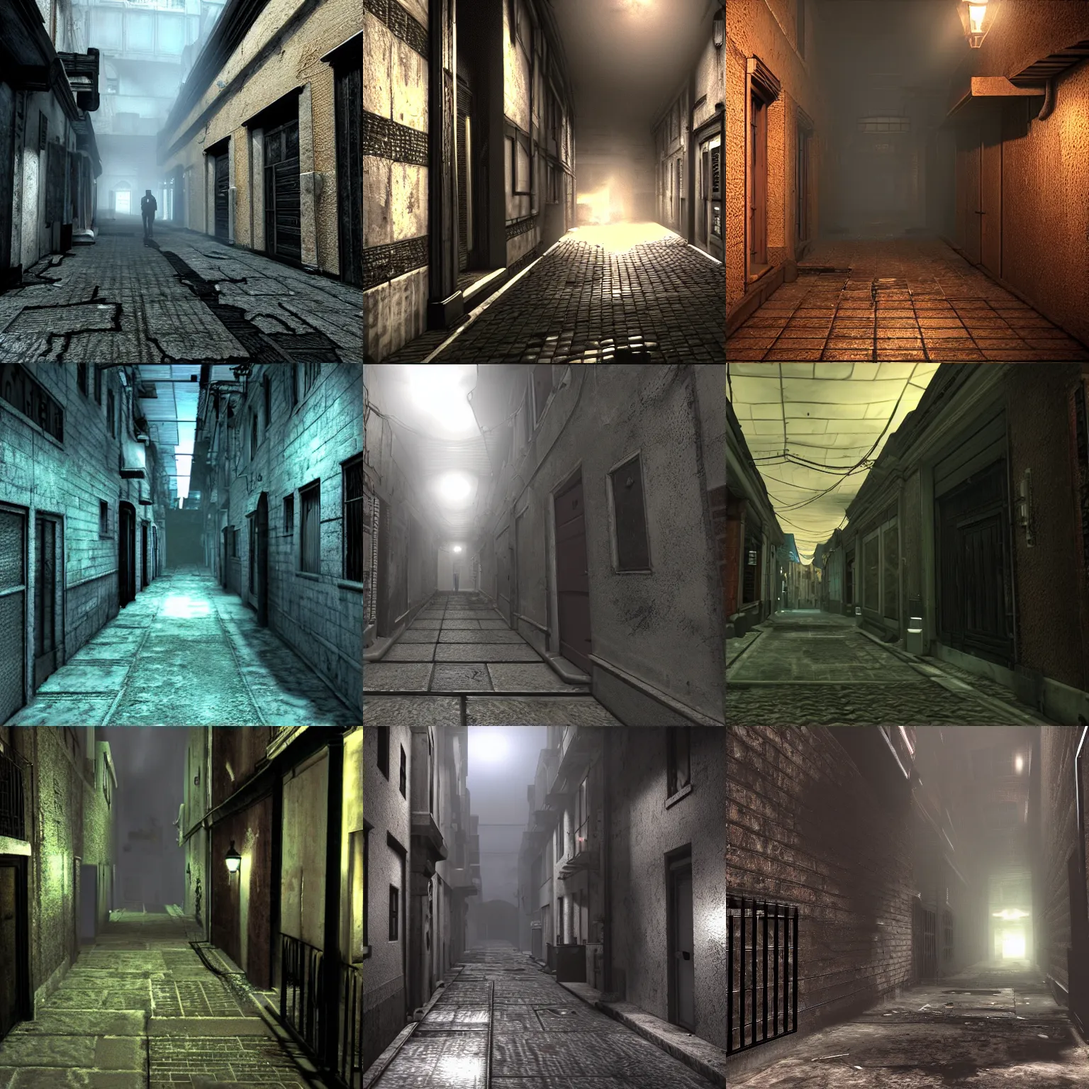 Prompt: Resident Evil Remake style alleyway, night time, prerendered