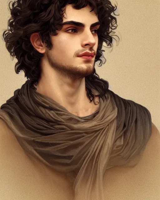 Image similar to young greek man, long curly hair, 3 / 4 portrait, elegant ancient greek dress, very detailed, coast as the background, beautiful, intricate, cinematic, artstation, william bouguereau, alphonse mucha, greg rutkowski, rossdraws, octane render